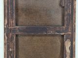 a painting of a window with a wooden frame and a brown background