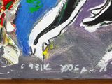 a painting of a bird on a table with a vase of flowers