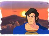 un dessin représentant un homme en chemise bleue debout devant un coucher de soleil