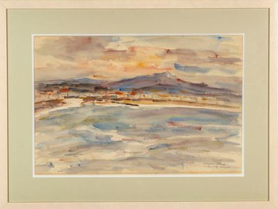 une image représentant une aquarelle d'un coucher de soleil sur une plage