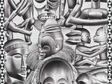 un dessin en noir et blanc représentant un ensemble de masques africains