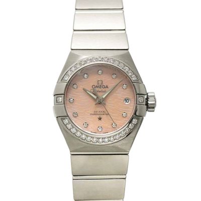 an image of a lady ' s watch with a pink dial and diamonds