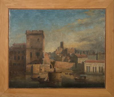 painting of a view of a city with a castle in the background