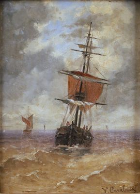 tableau représentant un voilier en pleine mer, avec d'autres bateaux en arrière-plan