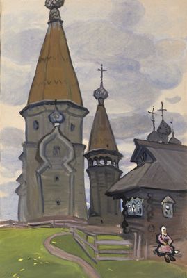 un tableau représentant une femme assise sur un banc devant une église