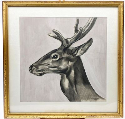 Paul JOUVE (1878-1973) - Cerf de profil, Dessin original à l…