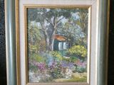 painting of a garden scene with a house and trees in the background
