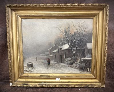 an oil painting of a man walking down a snow covered road