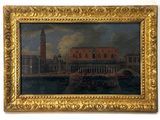 painting of a view of venice with a gondola in the foreground and a clock tower in the background