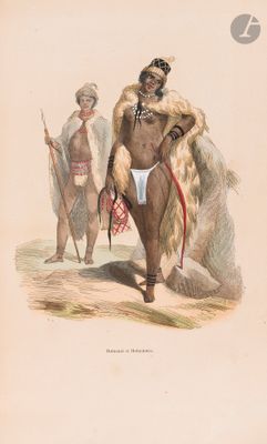 an old print of a man in a fur coat and a woman in a bathing suit