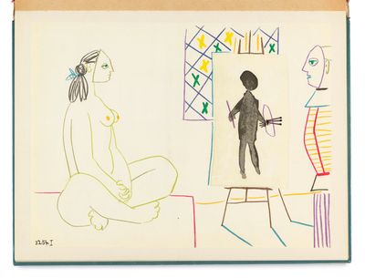an image of a drawing of a man and a woman in front of a mirror