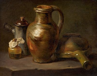 un tableau représentant un vase et d'autres objets posés sur une table