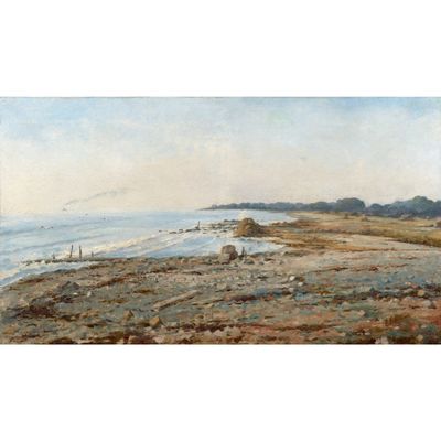 une image représentant une peinture d'une scène de plage avec des bateaux dans l'eau