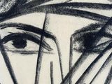 drawing of a woman ' s face with black and white lines on it