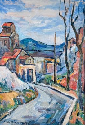 une peinture représentant une rue avec des maisons et des arbres en arrière-plan