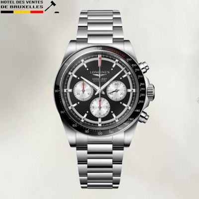a close up of a watch with a black face and a red second hand
