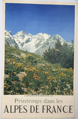 a poster of a mountain range with flowers in the foreground