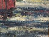 a painting of a woman in a red coat walking down the street