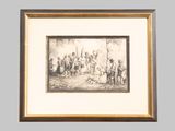 an old picture of a group of people gathered around a fire