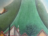 a painting of a town with a mountain in the background