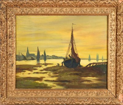 an oil painting of a sailboat on the water with other boats in the background