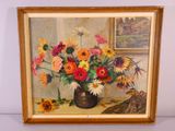 a painting of flowers in a vase on a table