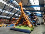 une girafe au milieu d'une aire de jeux équipée d'un toboggan