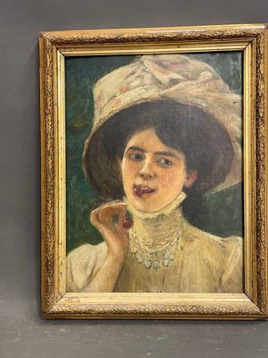 Femme aux cerises Huile sur panneau - Photo 1