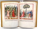an open book with a picture of a man and a woman in a garden