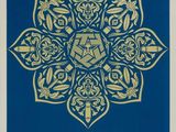a blue and gold poster with a floral design on it