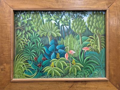 une peinture à l'huile représentant une scène de jungle avec des flamants roses au premier plan