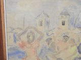a painting of a group of people in front of a building