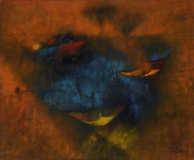 an image of a painting of a blue fish on a brown background