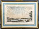 un vieux tableau représentant une vue sur une rivière avec des personnages