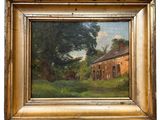 an oil painting of a farm scene with a house in the background