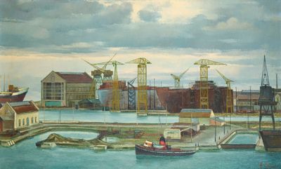 un tableau représentant une scène de port avec un bateau sur l'eau