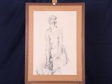 dessin représentant une femme debout devant un tableau posé sur un chevalet