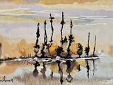 une aquarelle représentant un lac avec des arbres