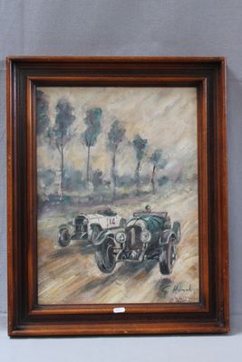 an oil painting of a race car going down a dirt road