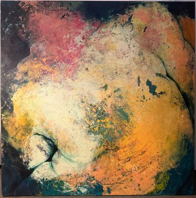 peinture abstraite représentant un chat endormi sur un canapé, sur fond coloré