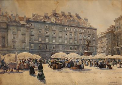 un tableau représentant une place de ville avec des gens et des parapluies