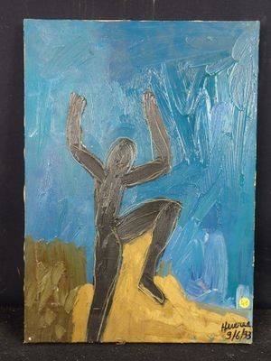 une peinture à l'huile représentant un homme sur une planche de surf, sur le sable