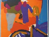 an image of a painting of people in a room with oranges and purples