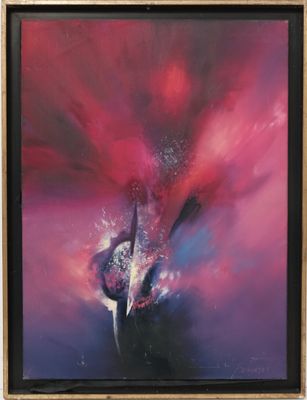 une peinture à l'huile représentant une fleur rose dans un vase noir