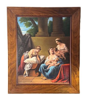 an oil painting of a woman holding a baby in her lap