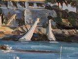 painting of a sailboat in the water with a castle in the background