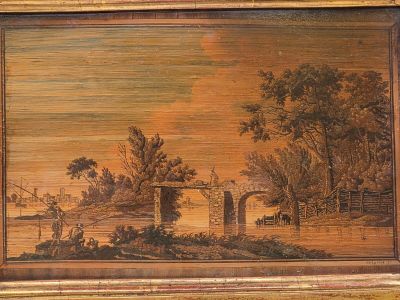 an old picture of a painting of a farm scene in a wooden frame