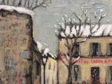 painting of a couple of people walking down a snow covered street