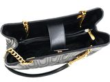 a close up of a black purse with a chain on it