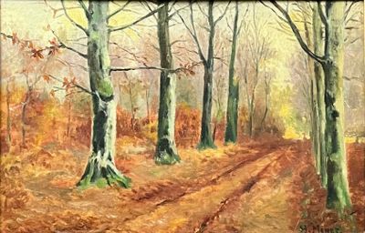 une peinture représentant un chemin de terre dans les bois